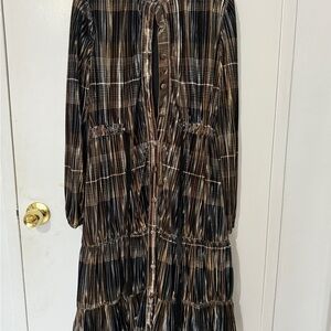 Mauve Black and Brown Plaid Long Sleeve Dress
